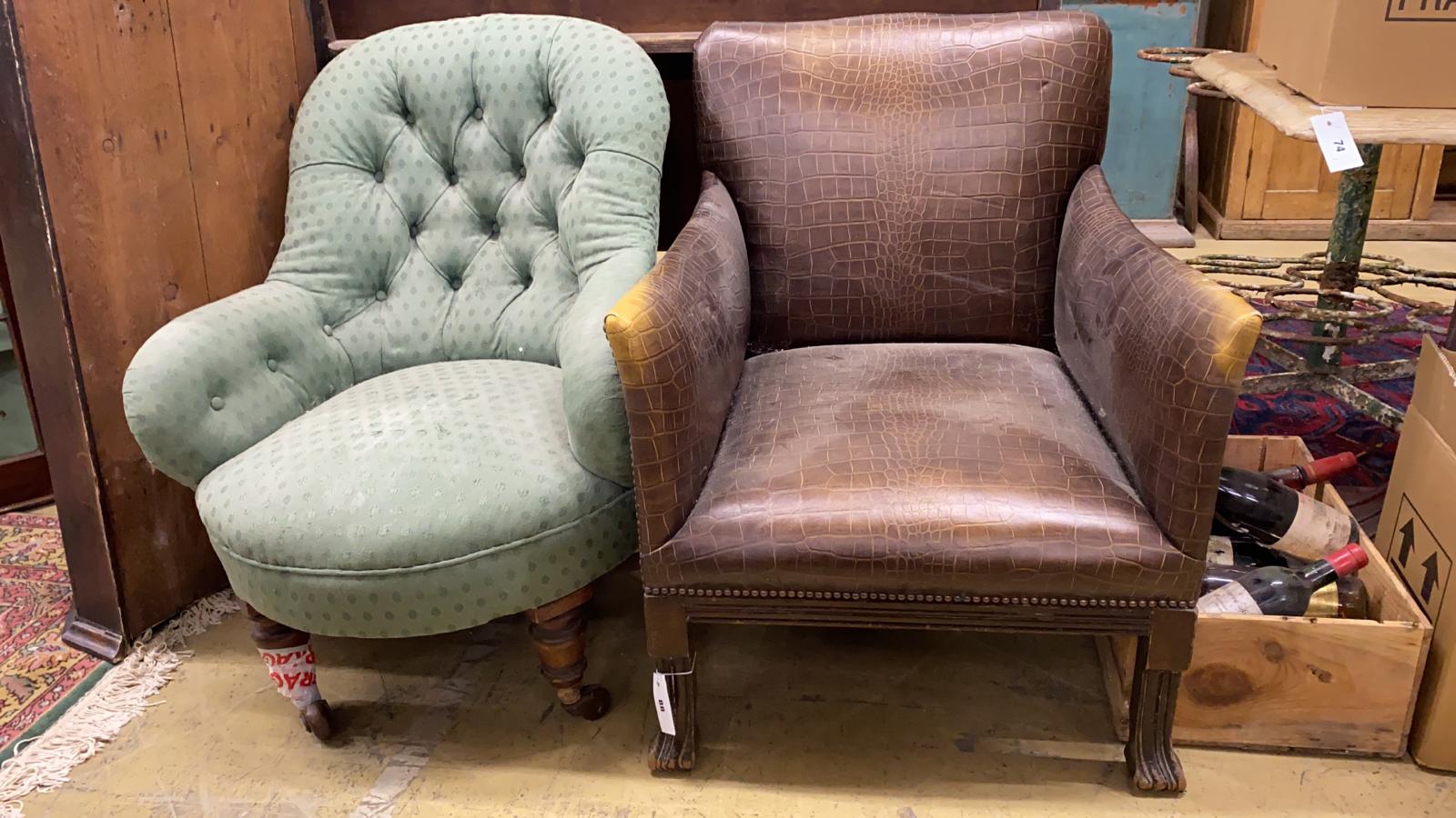 A faux crocodile club chair together with a Victorian spoonback chair